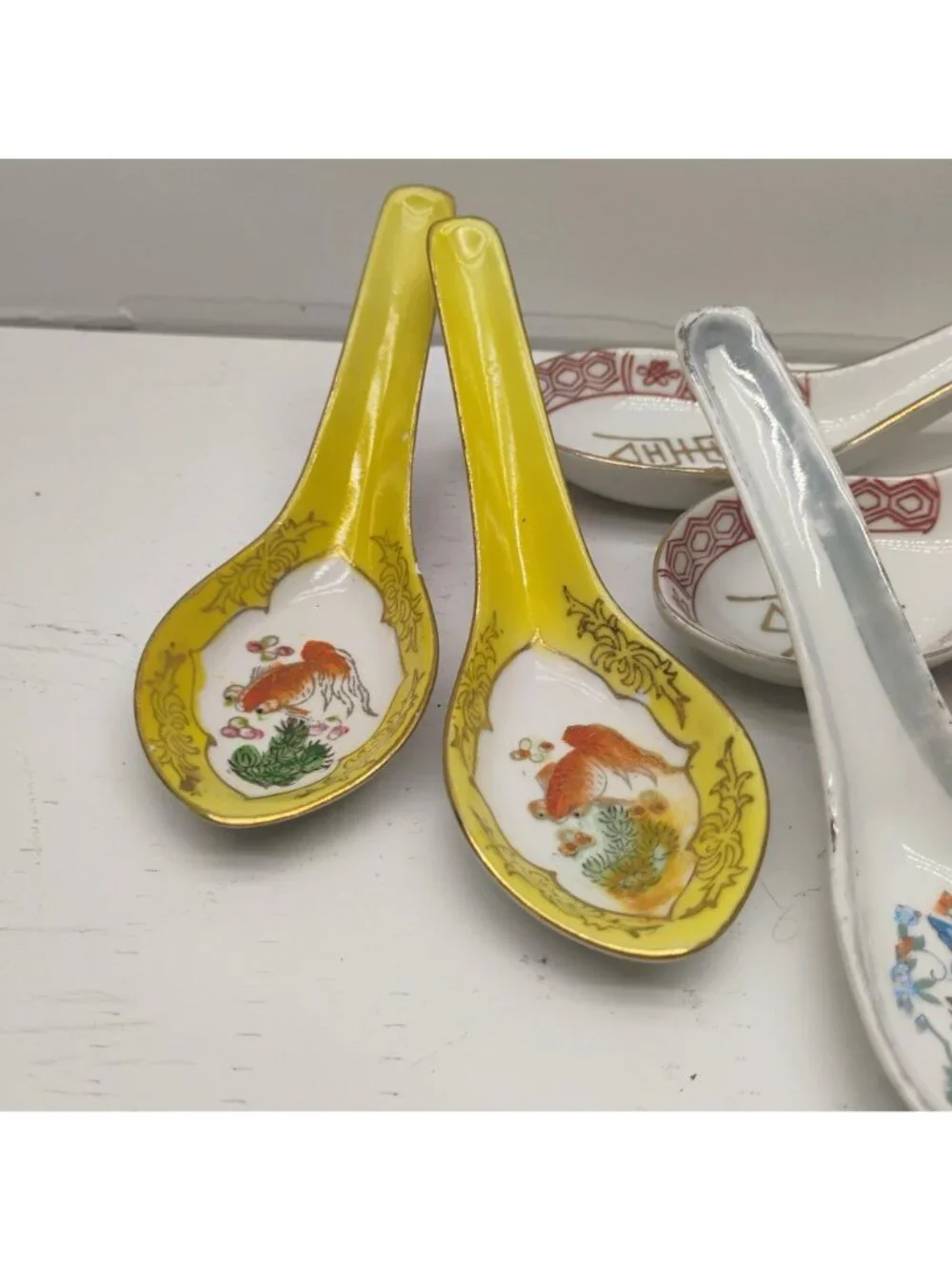 Vtg Chinese Porcelain Spoon Lot Koi Fish Birds Hand Painted 8 Total